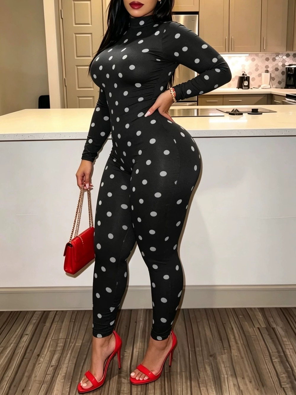 ZARA Stylish Spring Autumn Mock Neck Long Sleeve Polka Dot Slim Fit Jumpsuit